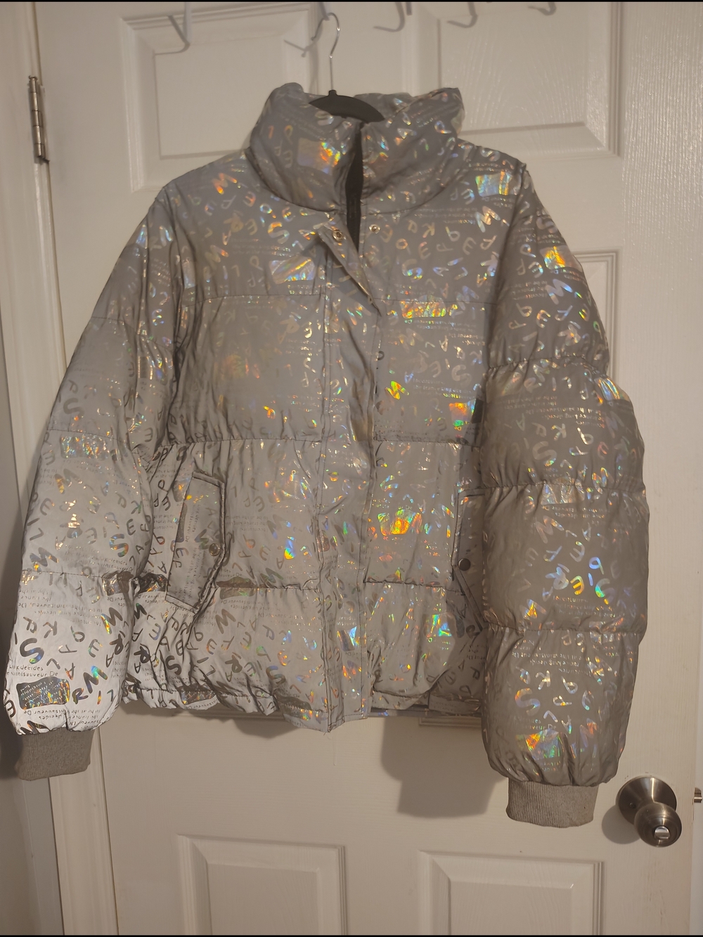 SHEIN Holographic Silver Puffer Jacket